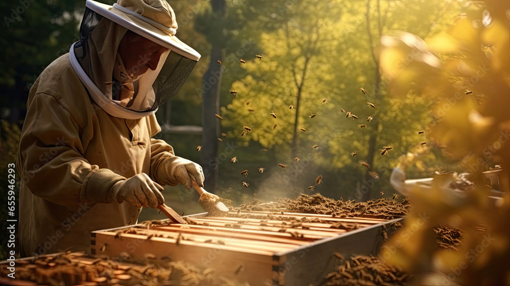 a Beekeeper is working with bees in apiary. Generative Ai