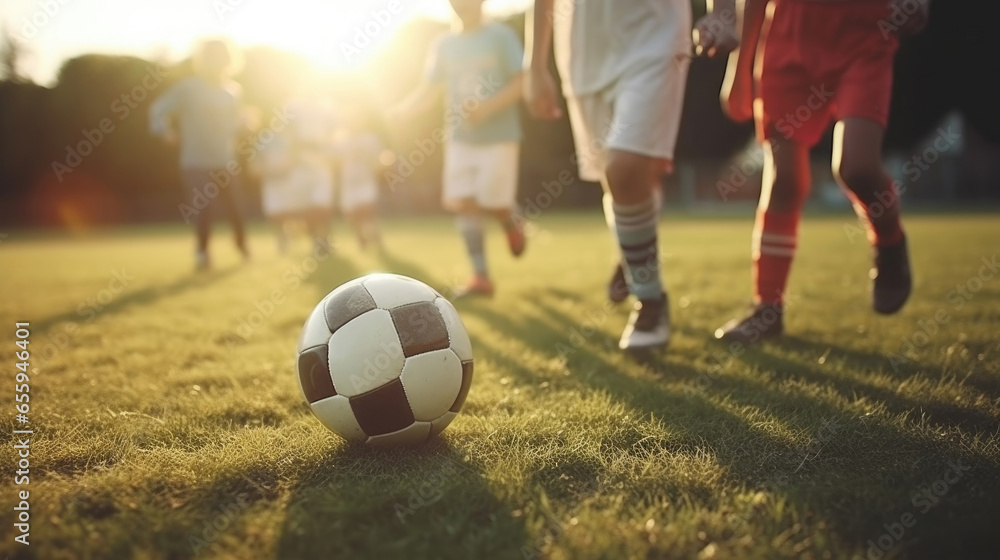 Group of young children players match on soccer field. Kids soccer football. Generative Ai