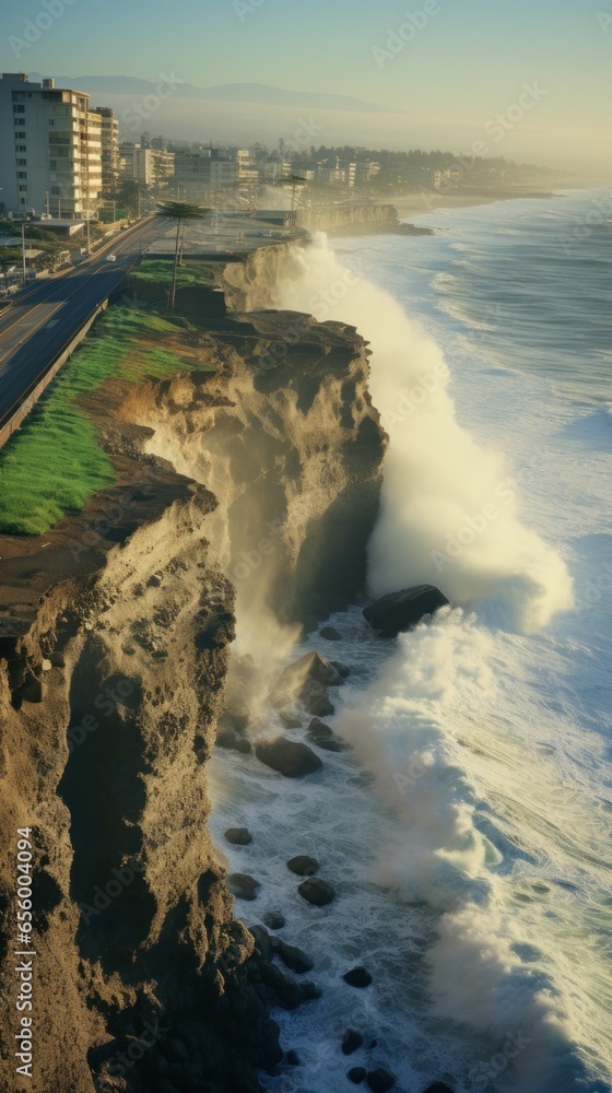 Coastal erosion. A coastline is eroded by powerful waves