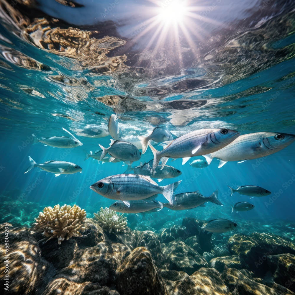 Marine life protection. A school of fish swims in crystal-clear water