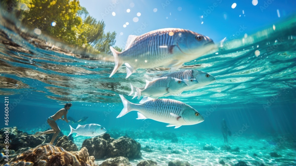 Marine life protection. A school of fish swims in crystal-clear water