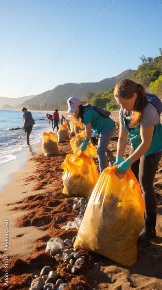 Beach cleanup. Volunteers collect trash on a sandy shore