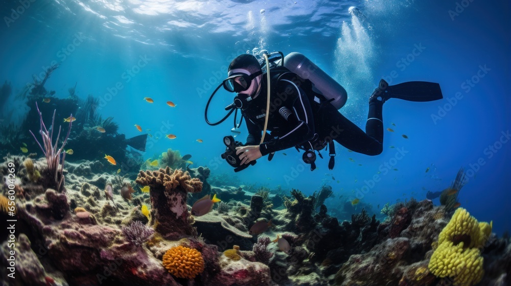 Coral reef conservation. Divers explore a colorful underwater world