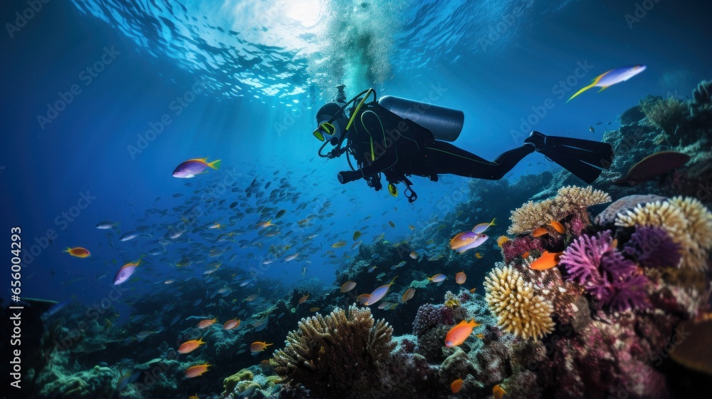 Coral reef conservation. Divers explore a colorful underwater world