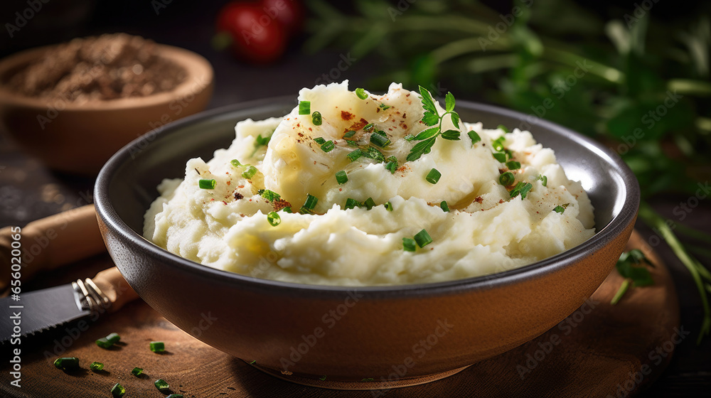 A bowl of comforting and creamy mashed potatoes, garnished with fresh herbs on wooden table. Generative Ai