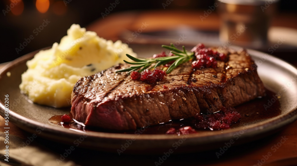 Beef steak with mashed potatoes on wooden table in the restaurant. Generative Ai