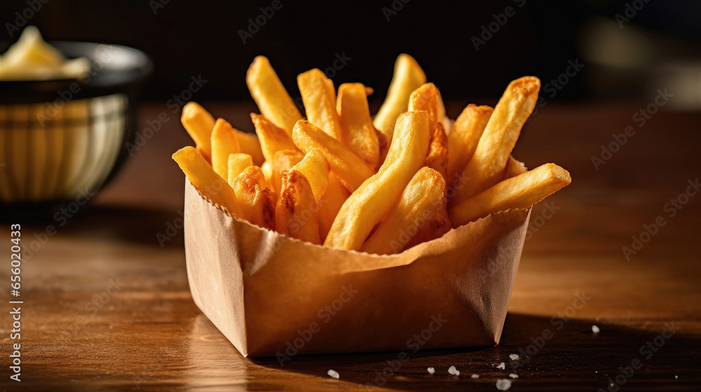 French fries on wooden table in the restaurant. Generative Ai