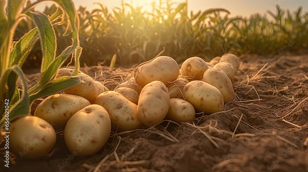 Fresh potatoes on the ground in plant field. Generative Ai