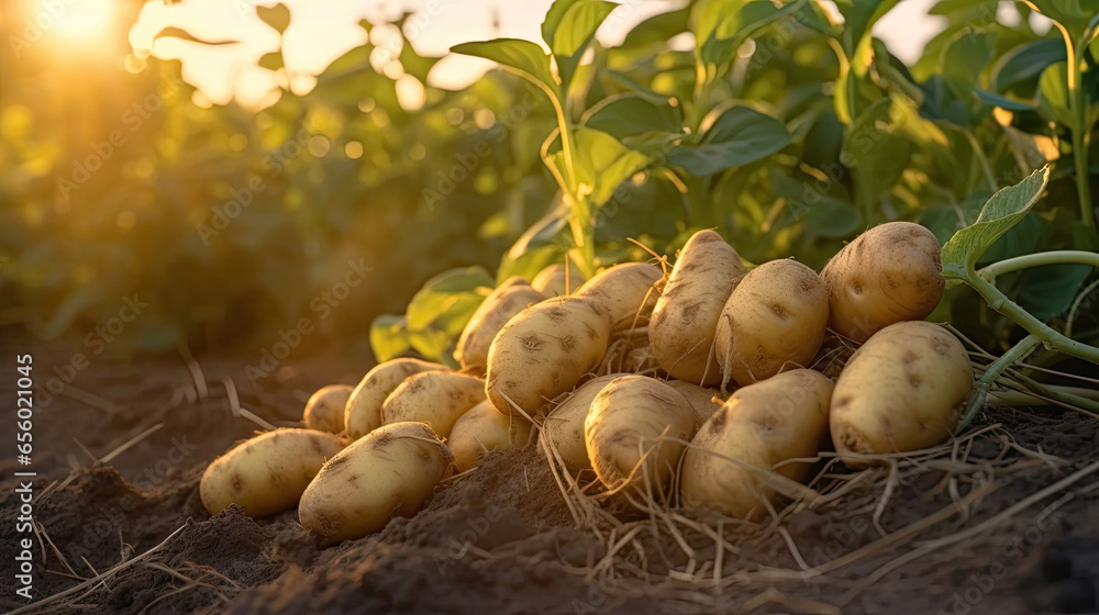 Fresh potatoes on the ground in plant field. Generative Ai