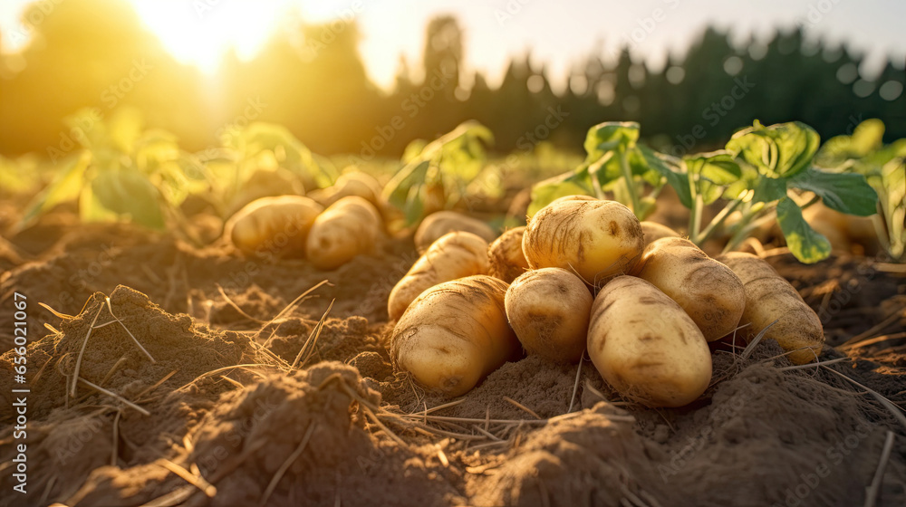 Fresh potatoes on the ground in plant field. Generative Ai