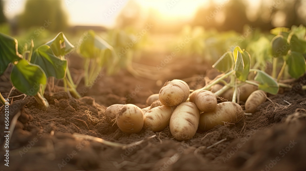 Fresh potatoes on the ground in plant field. Generative Ai