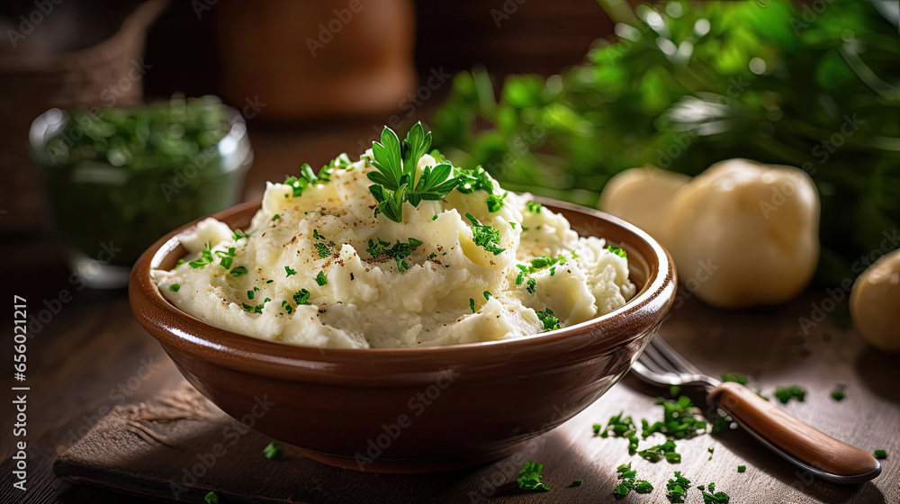 Mashed potatoes in bowl decorated with parsley herbs on wooden table in the restaurant. Generative Ai