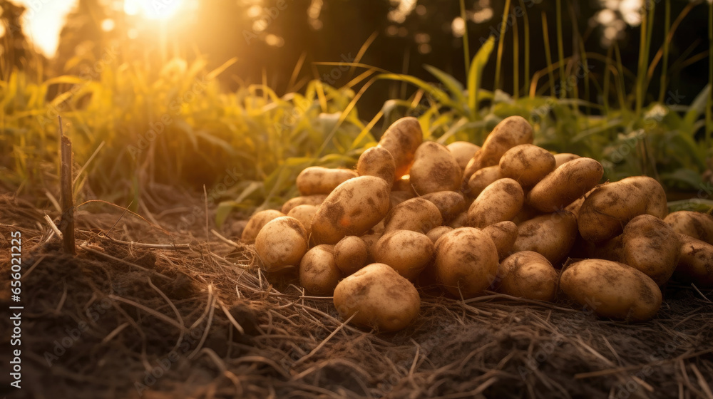 Fresh potatoes on the ground in plant field. Generative Ai