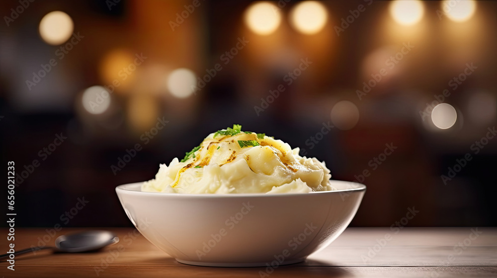 Mashed potatoes in white bowl on wooden table in the restaurant. Generative Ai