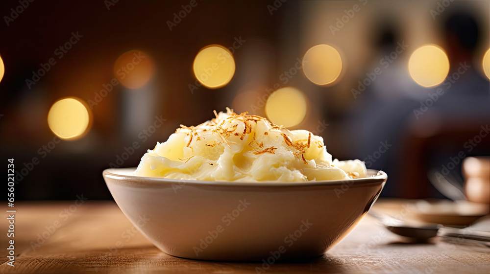 Mashed potatoes in white bowl on wooden table in the restaurant. Generative Ai