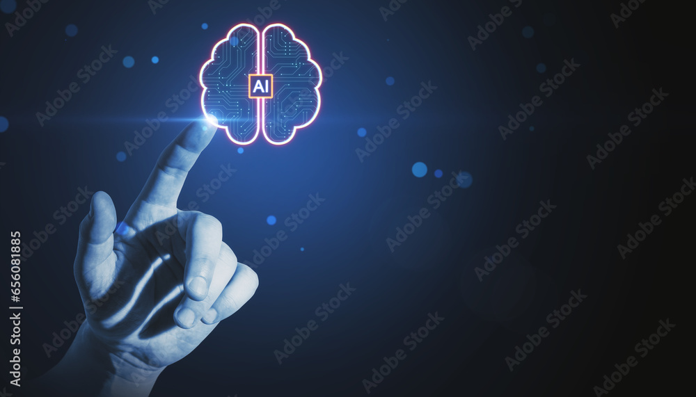 Close up of businessman hand pointing at creative digital brain hologram with circuit on blurry blue bokeh circles background. Artificial intelligence and machine learning concept.