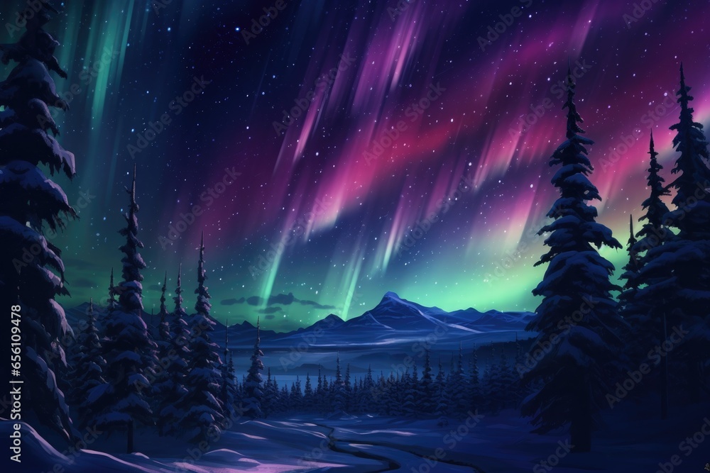 Multicolored Northern Lights (Aurora Borealis) in the night sky