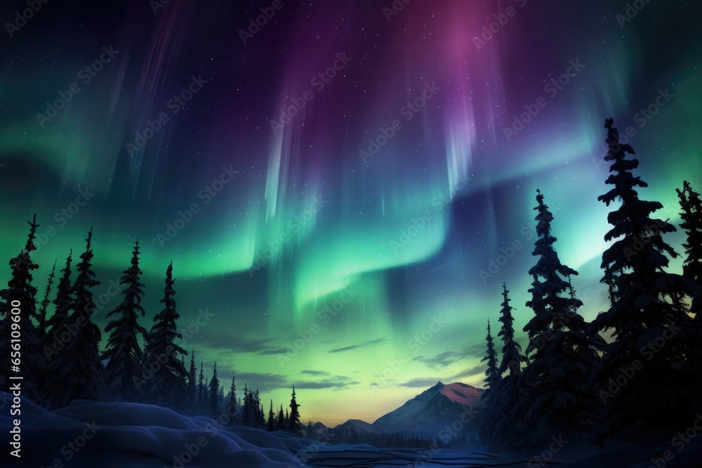 Multicolored Northern Lights (Aurora Borealis) in the night sky