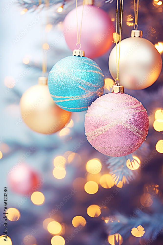 Christmas pastel colored baubles with beautiful bokeh lights