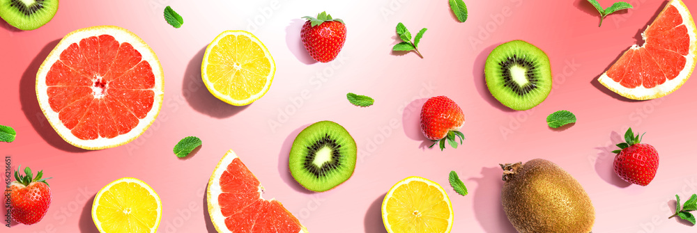 Collection of mixed fruits overhead view flat lay