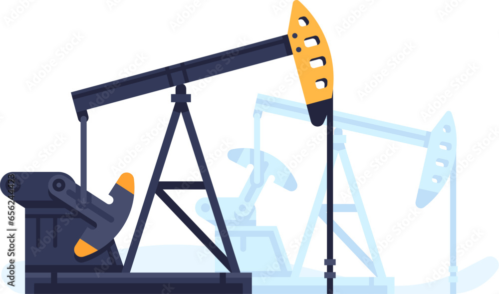 Oil petroleum industry. Petrol derrick. Fossil crude fuel rig equipment. Petrochemical production. Gas extraction from well. Oilfield drilling. Gasoline manufacturing. Vector concept