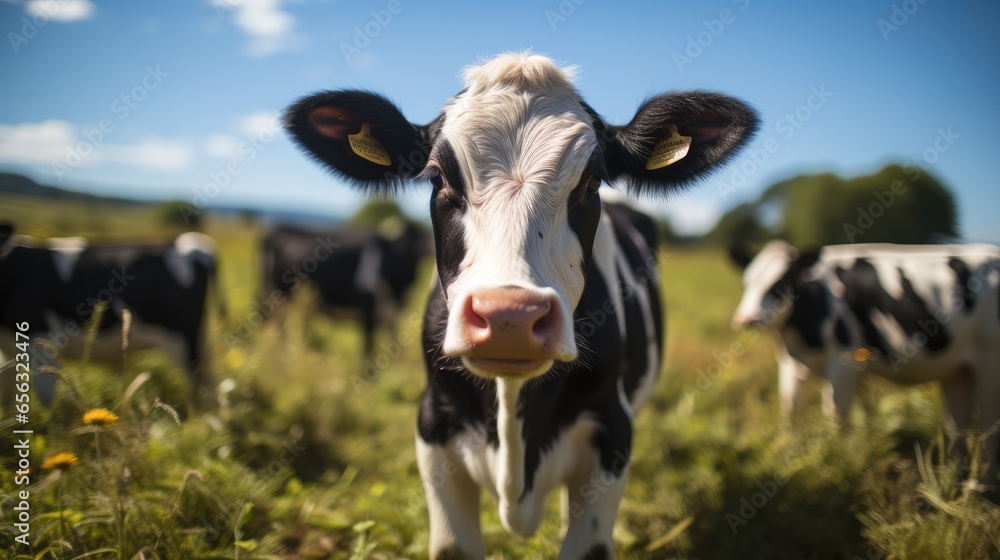 A cow standing in a lush green field.