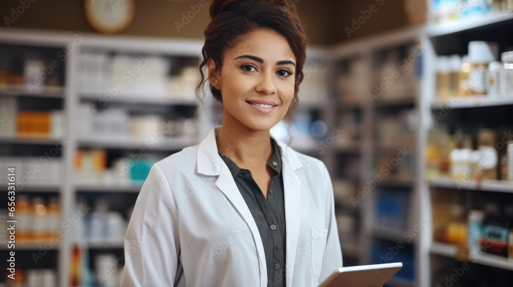 African woman pharmacist using digital tablet checking stock inventory list medicine on shelf at pharmacy.