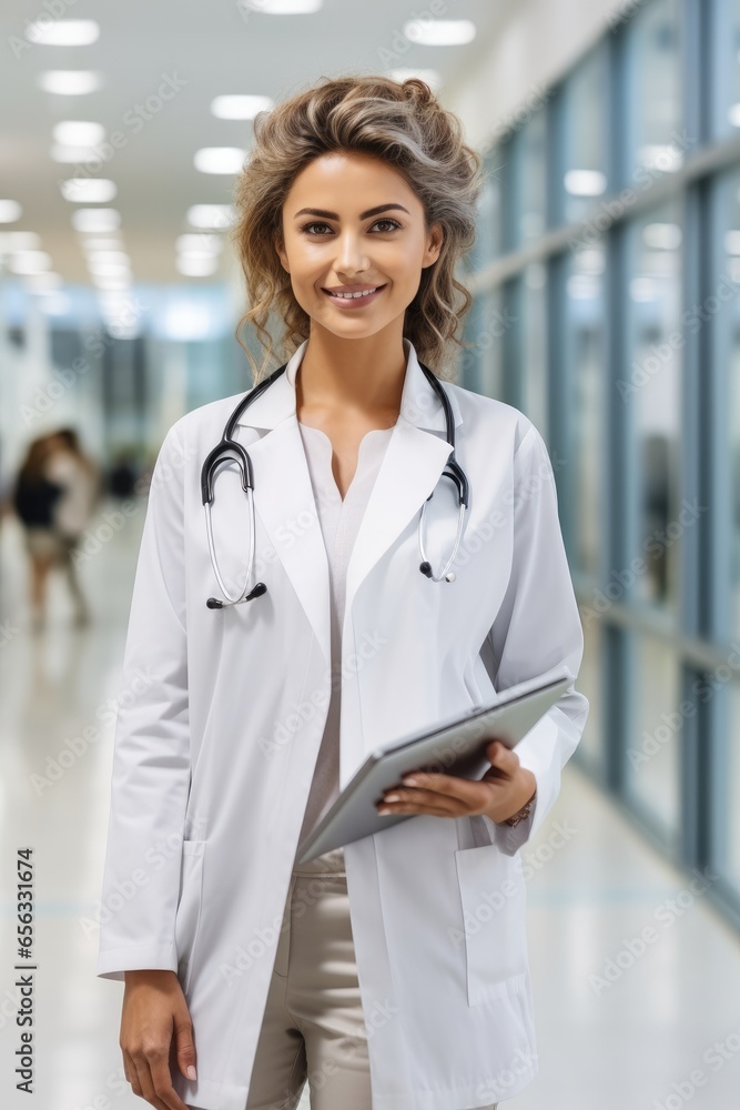 Beautiful doctor woman using tablet for data research in hospital.