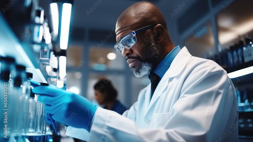 Science research, Black man check test tube for Test Analysis in Advanced Scientific Lab for Medicine, Biotechnology, Microbiology Development.