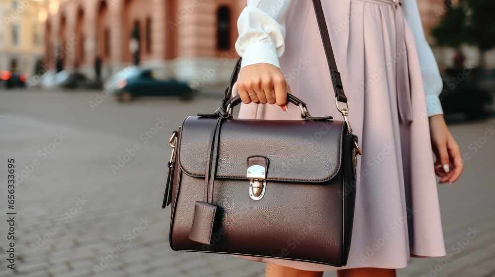 Female hand holds a square leather bag on city street, Look of a business woman.