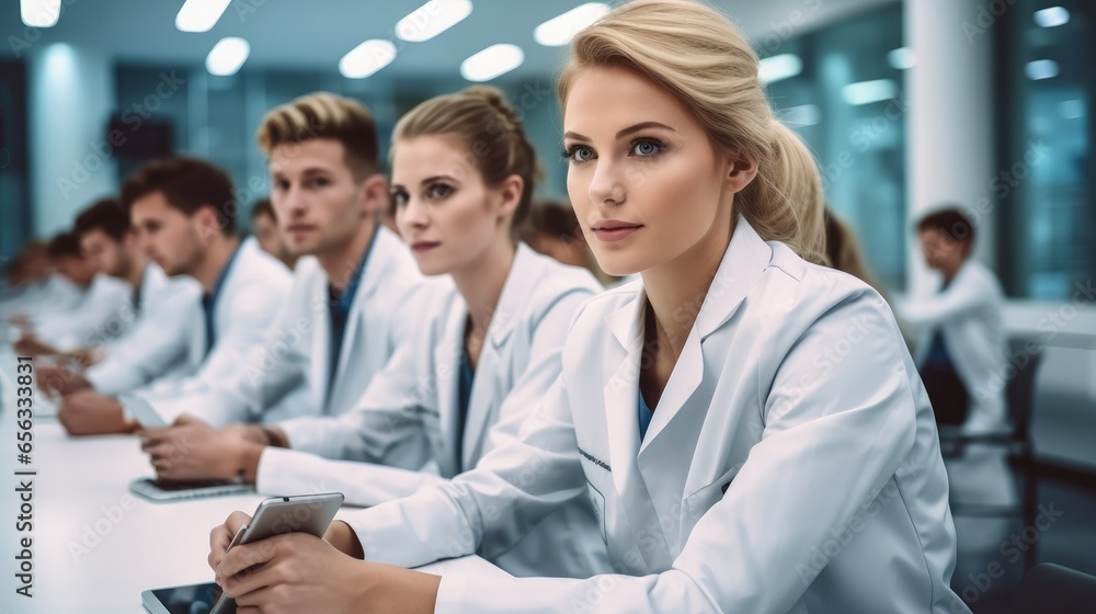 Confident Medical students sitting at desk and listening to the lecture in medical training class.