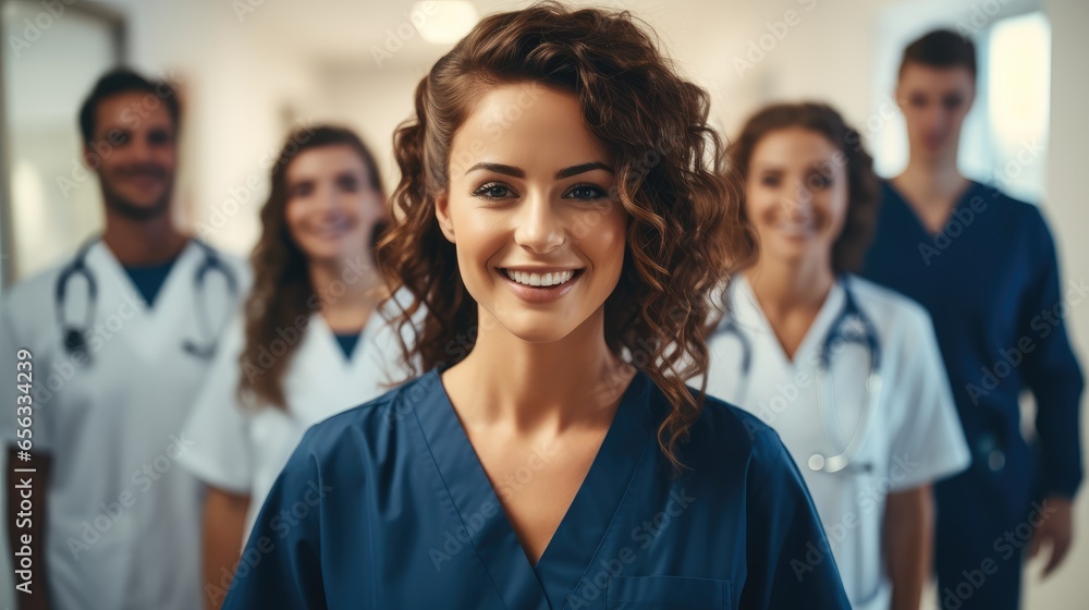 Smiling woman doctor standing with medical colleagues in a hospital corridor.