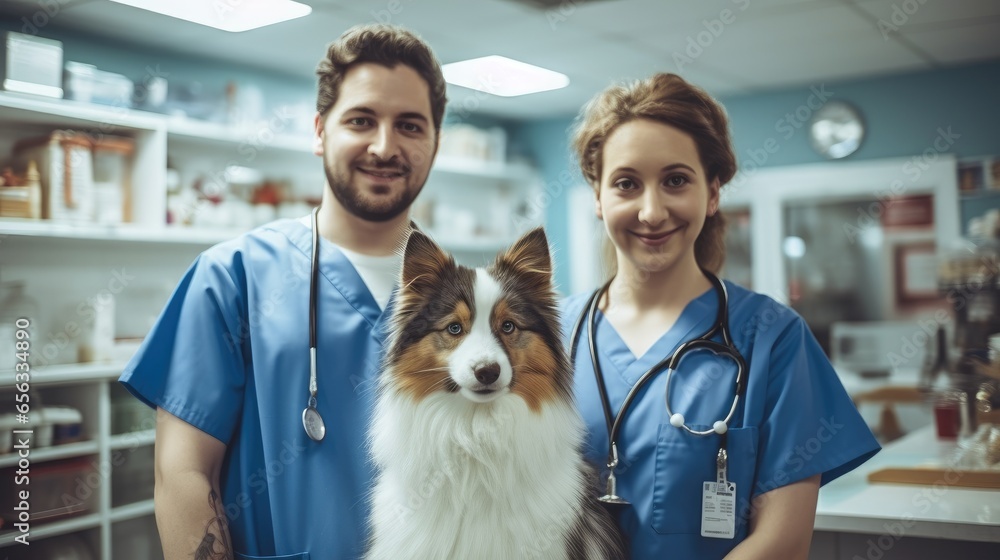 Team of happy veterinarians at animal hospital.