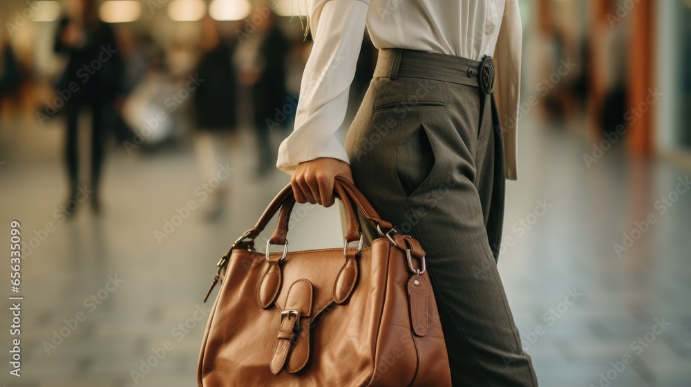 Woman carrying a leather handbag on city street, Look of a business woman.