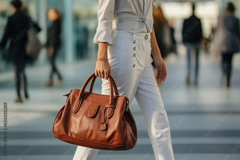 Woman Carrying a Leather Handbag on busy city street.