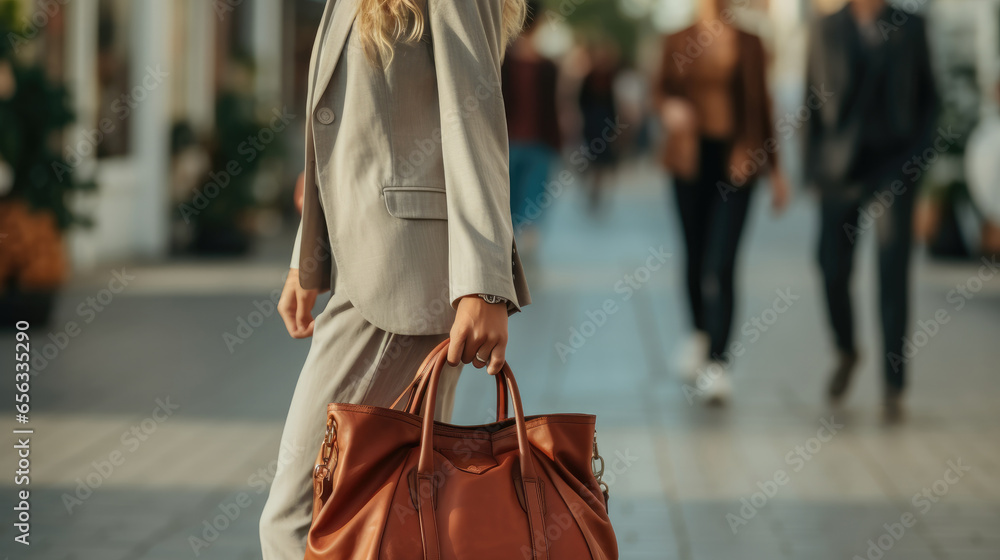 Woman carrying a leather handbag on city street, Look of a business woman.