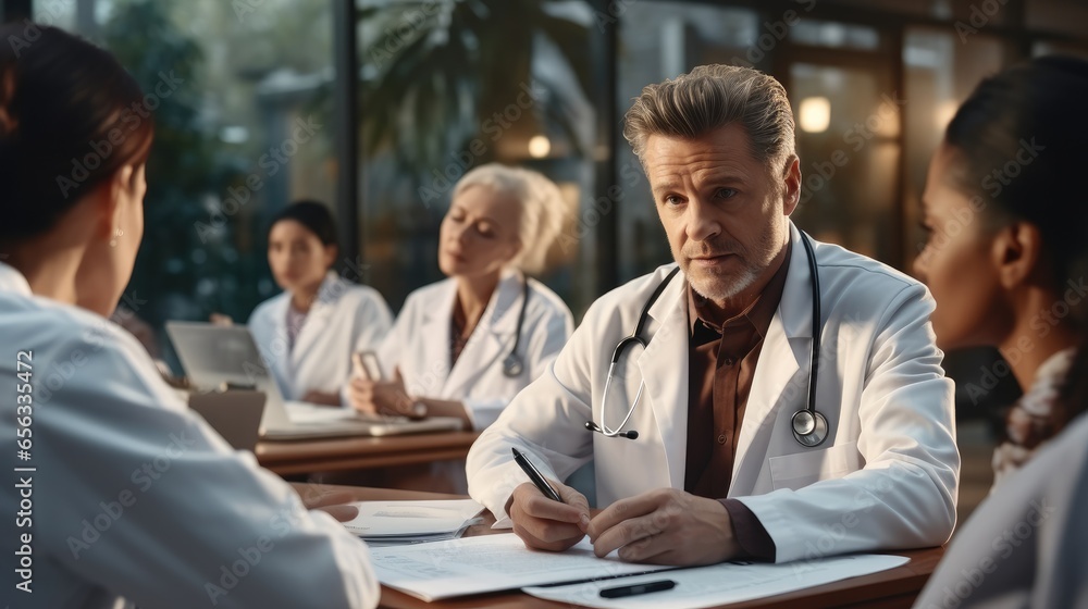 Mature male doctor leading medical team meeting during conference.