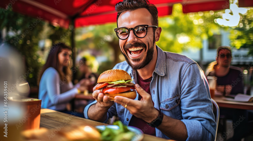 A happy man eating a burger in an outdoor restaurant as a Breakfast meal craving deal. Generative Ai