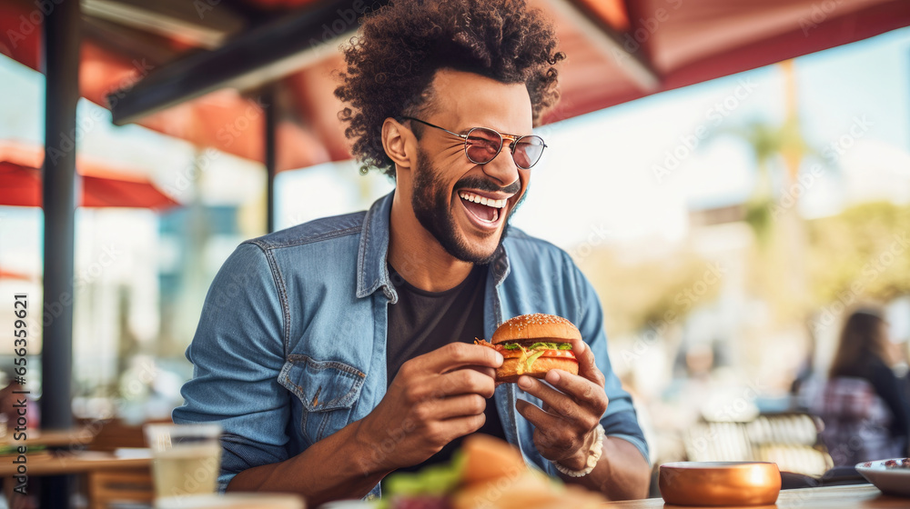 A happy man eating a burger in an outdoor restaurant as a Breakfast meal craving deal. Generative Ai