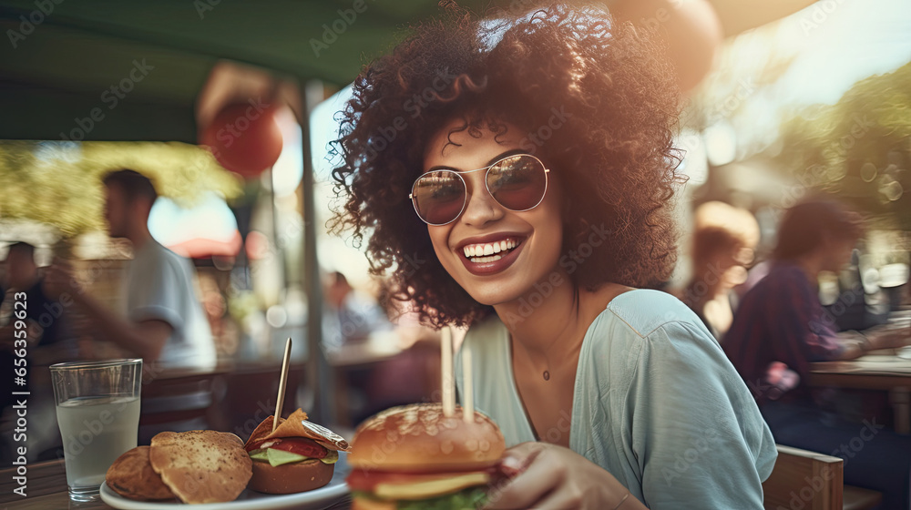 A happy woman eating a burger in an outdoor restaurant as a Breakfast meal craving deal. Generative Ai