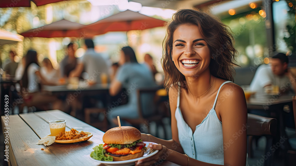 A happy woman eating a burger in an outdoor restaurant as a Breakfast meal craving deal. Generative Ai