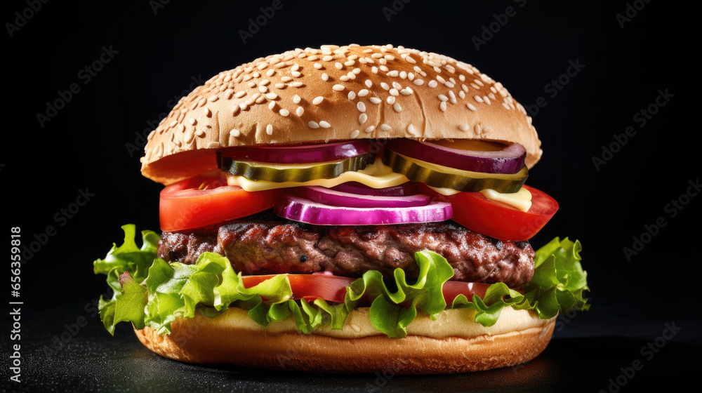 Beef burger with tomatoes, red onions, cucumber and lettuce on black slate over dark background. Generative Ai