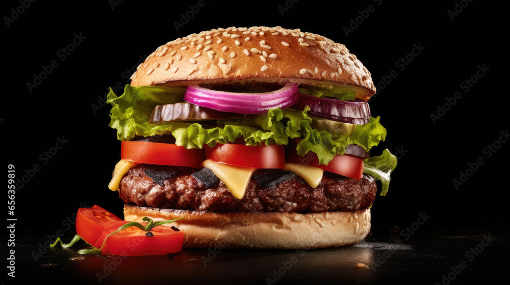 Beef burger with tomatoes, red onions, cucumber and lettuce on black slate over dark background. Generative Ai