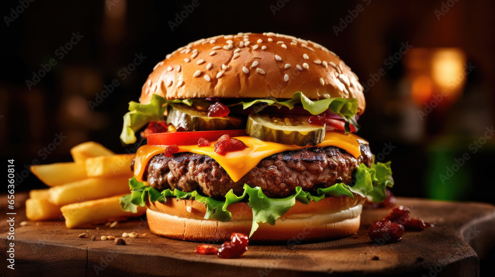 Burger or hamburger with grilled beef, cheese and well decorative with fresh ingredients in restaurant. Generative Ai