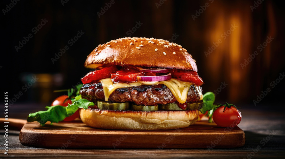 Burger or hamburger with grilled beef, cheese and well decorative with fresh ingredients in restaurant. Generative Ai