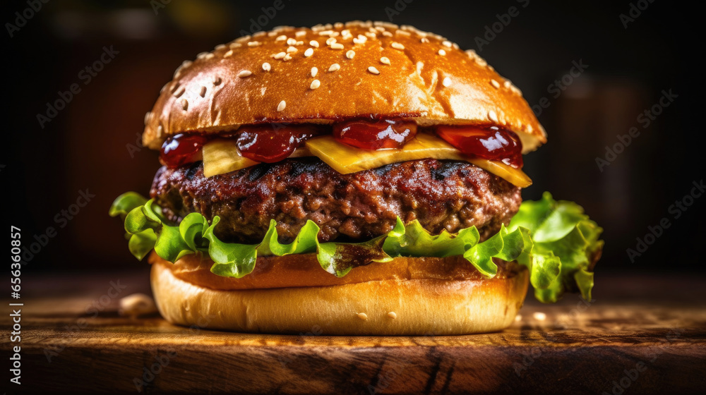 Close up of homemade beef burger on wooden table. Generative Ai