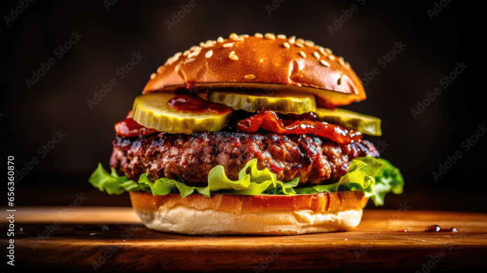 Close up of homemade beef burger on wooden table. Generative Ai