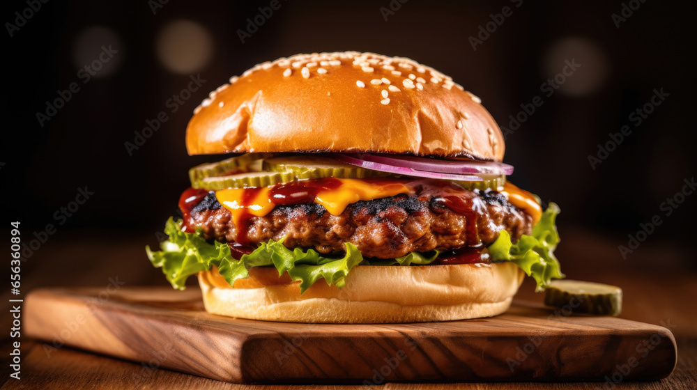 Close up of homemade beef burger on wooden table. Generative Ai