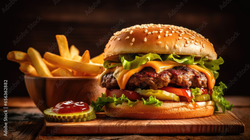 juicy burger with french fries on wooden table. Generative Ai