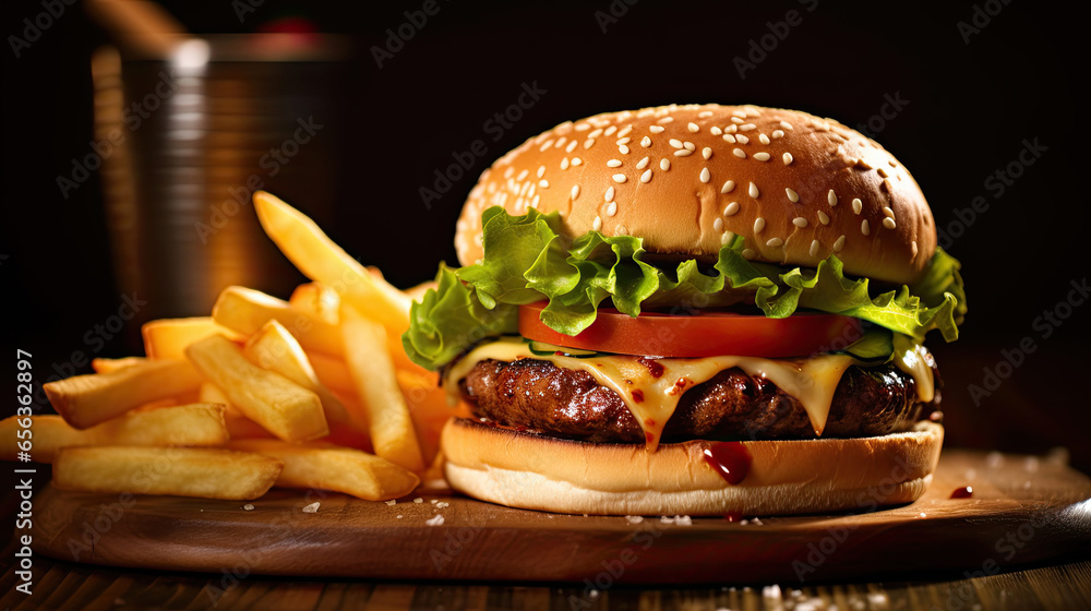 juicy burger with french fries on wooden table. Generative Ai